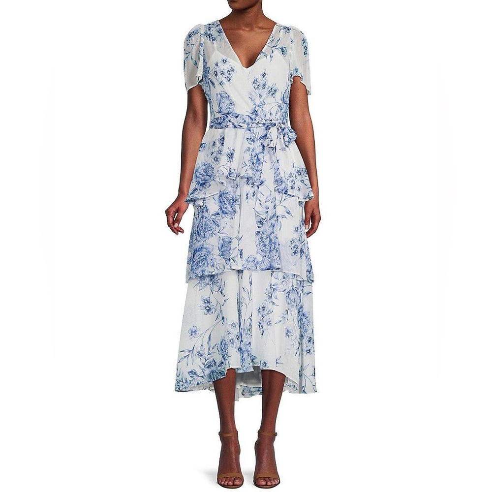 Calvin Klein blue white floral wrap tiered flowy midi dress bridal summer party